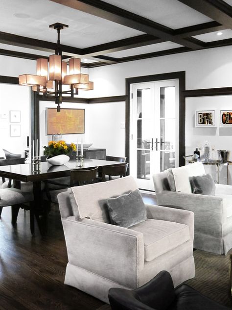 Modern Craftsman Design, Pictures, Remodel, Decor and Ideas - page 5 Light Walls Darker Trim, Living Room Designs Transitional, Ceiling Rafters, Black Trim Interior, Japandi Living Room Design, Dark Wood Trim, Pintu Interior, Craftsman Modern, Black Furniture Living Room