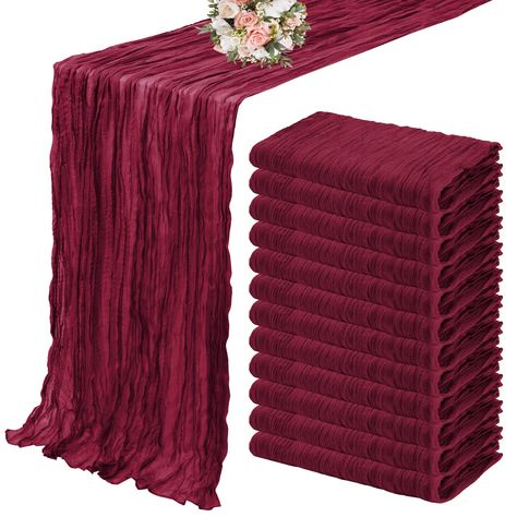 PRICES MAY VARY. Polyester 🎁【Package Include】: You will get 12 pieces 10ft burgundy length cheesecloth table runner,Product size: 35 inches wide and 120 inches long, suitable for round or square tables that can accommodate 8-10 people. Perfect for romantic and elegant party events. 🎁【Premium Material】:The elegant burgundy table runner is made of high-quality polyester, the edge of the table runner is locked with delicate stitching, not easy to fall off, and full of beauty.The boho wedding tabl Burgundy Champagne Wedding, Burgundy Table Runner, Sheer Table Runner, 50th Wedding Anniversary Decorations, Table Runner For Wedding, Silver Wedding Decorations, Cheesecloth Table Runner, Pink Napkins, Dusty Rose Wedding