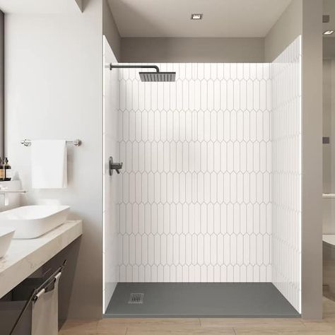 Inexpensive Shower Ideas, Shower Walls Ideas Cheap, 60 Inch Shower Ideas, Shower Inserts That Look Like Tile, Fiberglass Shower Insert Ideas, Shower Pan With Tile Walls, Alcove Shower Ideas, Shower Insert Ideas, Shower Surround Ideas