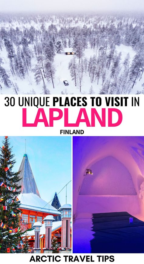 Uncover the must-see places in Finnish Lapland! ❄️ Visit the magical Santa Claus Village in Rovaniemi, explore the pristine wilderness of Inari, or enjoy the panoramic views from Levi Ski Resort. From enchanting winter landscapes to vibrant summer nights, Finnish Lapland is a destination like no other! 🌟🌌 Check out these amazing places to visit in Lapland! Rovaniemi Finland, Santa Claus Village, Finnish Lapland, Arctic Landscape, Most Beautiful Places To Visit, Amazing Places To Visit, Finland Travel, Lapland Finland, Winter Landscapes