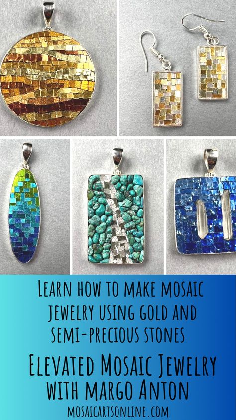 Learn how to make your own mosaic jewelry using gold smalti and semi-precious stones. In this online course learn Margo Anton's tried and true methods for creating mosaic jewelry.  In this one course, Margo offers six different projects. Learn each one using techniques and skills that build on each other. Choose her color schemes or pick your own. From the beginner gold earrings to the complex wavy design, Mosaic Jewelry has never been easier. You will succeed each time. Materials not included. Mosaic Jewelry Diy, Mosaic Materials, Jewelry Mosaic, Crafty Jewelry, Mosaic Earrings, Goodbye Quotes, Boho Jewelry Diy, Choose Her, Micro Mosaic Jewelry