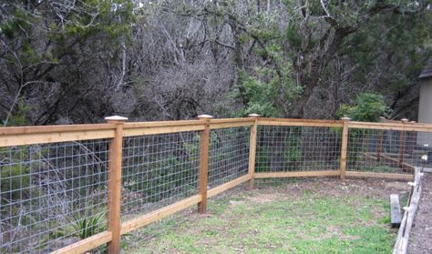 4 foot tall cedar cattle panel fencing... sooo much nicer then chain link Cattle Panel Fence, Wax Myrtle, Hog Wire Fence, Panel Fence, Kennel Ideas, Wire Fencing, Cattle Panels, Dog Area, Types Of Fences