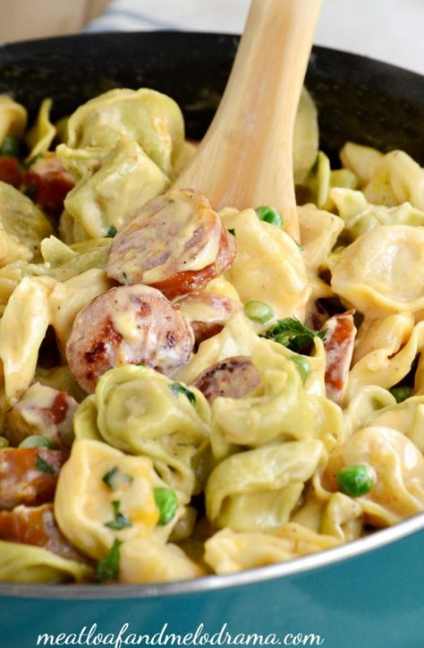 one-pot-creamy-kielbasa-tortellini-peas Tortellini Peas, Kielbasa Tortellini, Creamy Kielbasa, Tortellini Sauce, Tortellini Casserole, Tortellini Alfredo, Kielbasa Recipes, Sausage Tortellini, Kielbasa Sausage