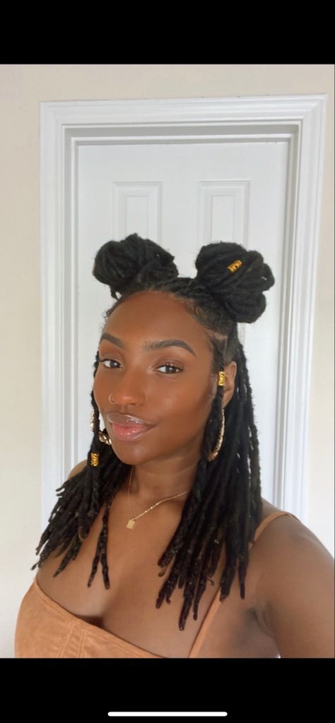 2 Bun Loc Style, Space Bun Locs, Space Buns With Locs, Space Buns Loc Style, Headscarf Locs, Pigtail Loc Styles, Space Buns Locs, Loc Space Buns, Long Loc Hairstyles