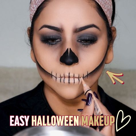 Womens Skeleton Face Makeup, La Muerte Makeup Halloween, Black And White Sugar Skull Makeup, Day Of Dead Makeup Tutorial, Easy Skeloten Makeup, Easy Skull Makeup Tutorials, Skeleton Makeup Tutorial Step By Step, Skeleton Mouth Makeup, Day Of The Dead Makeup Tutorial