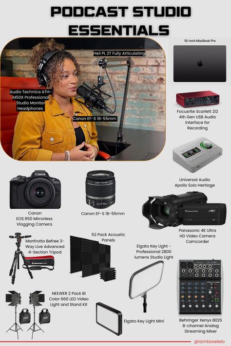 Podcast Studio Essentials: High-quality podcasting setup featuring a Canon EOS R50 Mirrorless Camera, Audio Technica ATH-M50X Headphones, Focusrite Scarlett 2i2 Audio Interface, Elgato Key Light, and more professional equipment. Podcast Studio Setups, Dark Podcast Studio, Podcasts Set Ideas, Garage Podcast Studio, Small Podcast Setup, Diy Podcast Setup, Podcasts Room Ideas, Portable Podcast Setup, Podcast Setup Ideas Aesthetic