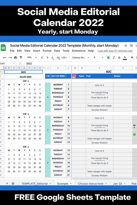 Screenshot of the social media editorial calendar Google Sheets template. On the left are mini calendars, then a list with dates in the adjacent column, and further on the right rows where you can write out your content. Title on card: "Social Media Editorial Calendar 2022, Yearly, Start Monday". Footer text: "FREE Google Sheets Template" Social Media Editorial, Google Banner Ads, Creation Activities, Budget Template Free, Content Calendar Template, Medium Blog, Editorial Calendar, Calendar 2022, Social Media Calendar