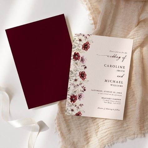 $2.09 | Modern Burgundy Wildflower Wedding #vineyard wedding burgundy wine tone, classic timeless elegant casual wedding, fall autumn wildflowers floral invite, rustic flowers wildflower red script, burgundy greenery sage green colors, winter wedding late summer bold, boho, calligraphy, meadow dark red handwritten maroon Boho Calligraphy, Wine Wedding Invitations, Wine Red Wedding, Bold Wedding Invitations, Burgundy Invitations, Wildflower Invitation, Wedding Burgundy, Bold Boho, Red Wedding Invitations