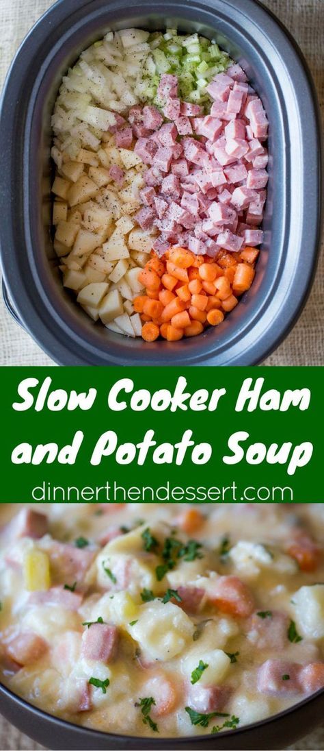 Slow Cooker Ham and Potato Soup that's creamy, full of vegetables and chunks of ham, finished off with milk and sour cream for a easy and delicious hearty soup. Ham And Potato Soup, Slow Cooker Ham, Hearty Soup, Crock Pot Recipes, Crockpot Dishes, Soup Dinner, Crock Pot Soup, Slow Cooker Soup, Crock Pot Cooking