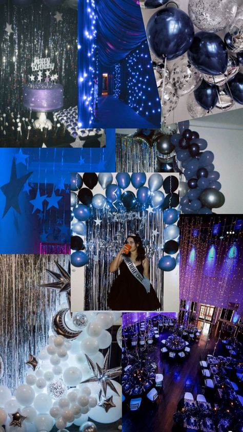 Navy blue and stars Navy Blue Quinceanera Ideas, Blue Quinceanera Ideas, Blue Birthday Themes, Sweet Sixteen Themes, Sweet Sixteen Party Themes, Starry Night Prom, Sweet 16 Party Themes, Blue Sweet 16, Sweet 16 Themes