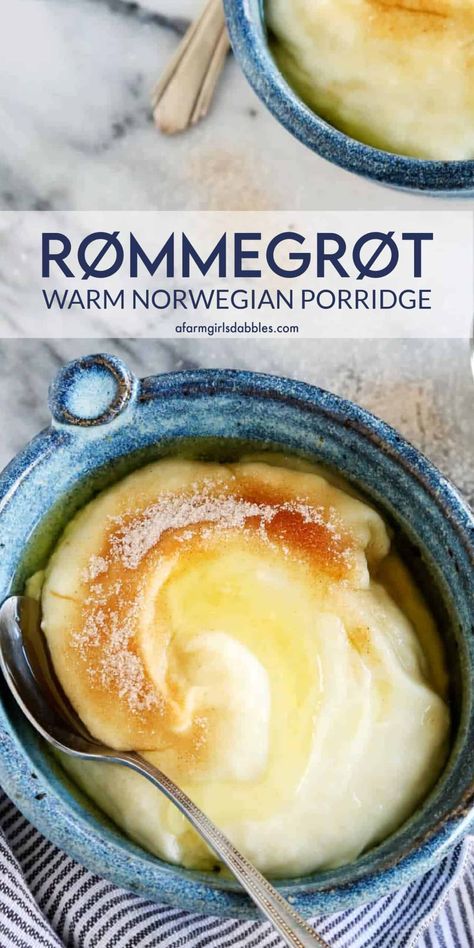 Rømmegrøt is a warmed Norwegian porridge, like a rich pudding, eaten with a drizzle of melted butter and a good sprinkling of cinnamon, a longtime family tradition! Danish Desserts Traditional, Norwegian Rommegrot, Norwegian Pudding, Norwegian Porridge, Rommegrot Recipe, Colourful Recipes, Market Desserts, Norwegian Traditions, Nordic Recipes