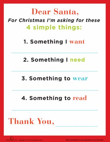 Not just for kids!  This will help me figure out what to say when Mom asks me, "So, what do you want for Christmas?"  Something i want, something i need, something to wear, something to read... love this! Something To Read, Dear Santa Letter, Santa Letter Template, Christmas Time Is Here, Santa Letter, Merry Little Christmas, Letter Templates, Christmas Activities, Dear Santa