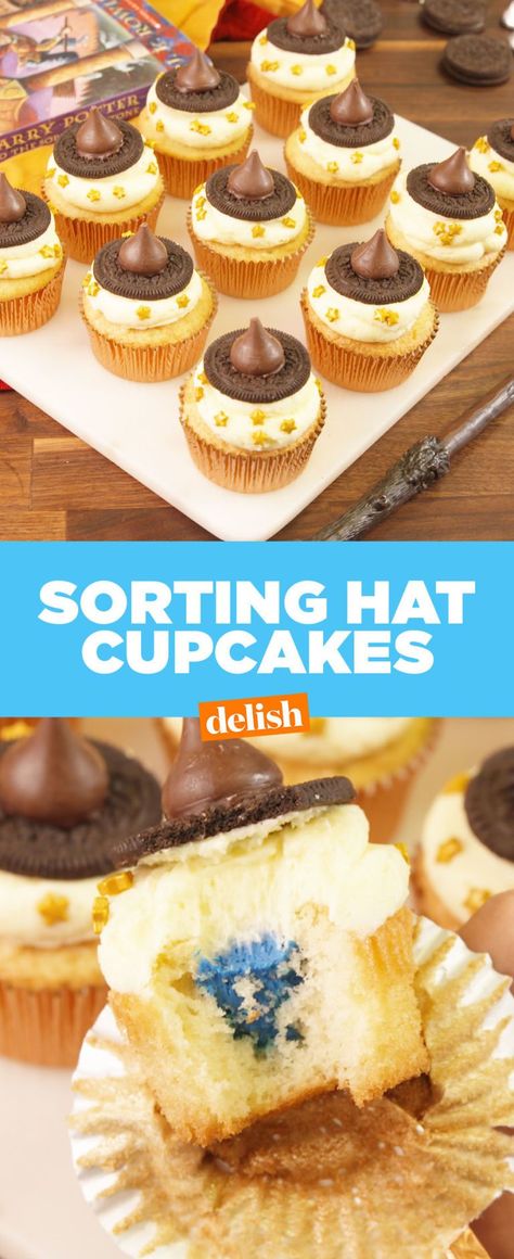 Sorting Hat Cupcakes Video - How to Make Sorting Hat Cupcakes Video Sorting House Cupcakes, Harry Potter Cupcakes Sorting Hat, Hogwarts House Cupcakes, Sorting Hat Cake Pops, Wizard Cake Ideas, Hogwarts Cupcakes, Work Cupcakes, Sorting Hat Cupcakes, Harry Potter Baby Shower Ideas