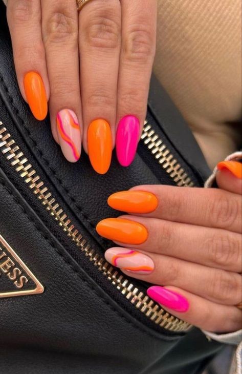 Cute Neon Nails Summer Almond, Neon Pink Orange And Yellow Nails, Neon Nails Glitter, Neon Nails Pink And Orange, Beach Nails Orange And Pink, Neon Nails For Summer, Summer Nails Bright Colors Neon, Neon Almond Nails Designs, Bright Orange And Pink Nails