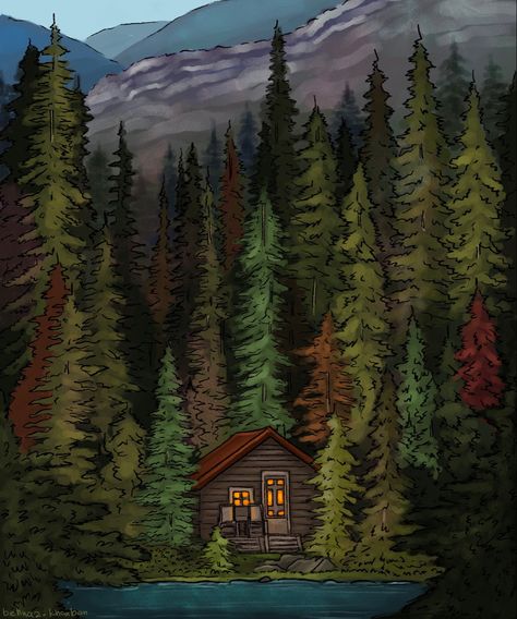 Log Cabin Sketch, Cottage In The Woods Drawing, Tree House Painting Ideas, House In The Woods Painting, Abstract Forest Painting Acrylics, House In Forest Drawing, Cabin In Woods Painting, Forest House Drawing, Cabin In The Woods Drawing