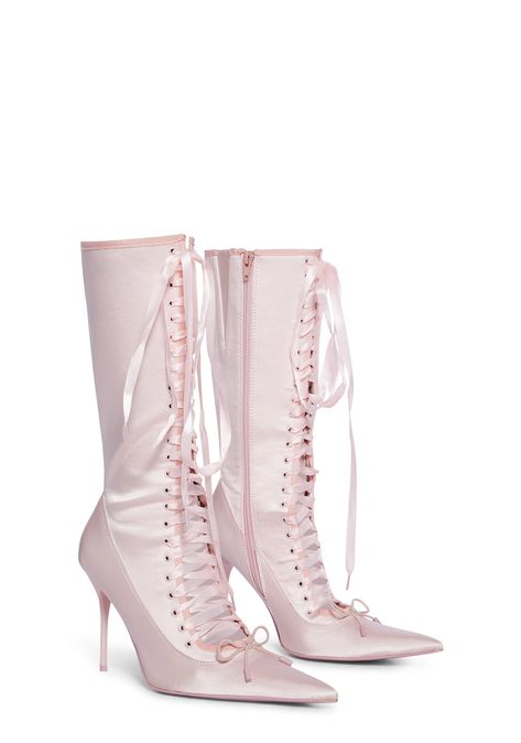 White Pointy Boots, White Princess Shoes, Cute Boots Aesthetic, Vintage Archive Fashion, Pink Boot Heels, Pink Goth Clothes, Pink Boots Aesthetic, Bridgerton Shoes, Pink Heel Boots