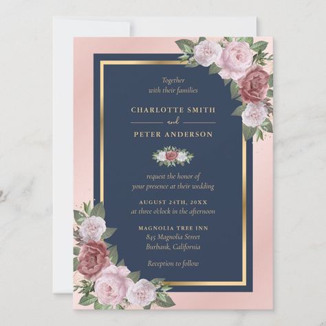 Custom Navy Blue Blush Pink Gold Floral Wedding Invitation Size: 5.5" x 7.5". Gender: unisex. Age Group: adult. Material: Matte. Blush And Rose Gold Wedding, Navy Blue Wedding Theme, Blue And Blush Wedding, Vowel Renewal, Rose Gold Wedding Invitations, Mauve Wedding, Navy Blue Wedding Invitations, Navy Wedding Invitations, Blush Wedding Invitations