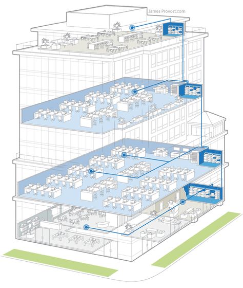 Network Infrastructure Diagrams | James Provost - Technical Illustrator Visio Network Diagram, 3 Story Building, Technical Illustrations, Hvac Design, Map Diagram, Network Design, Network Architecture, Car Ui, Architecture Mapping