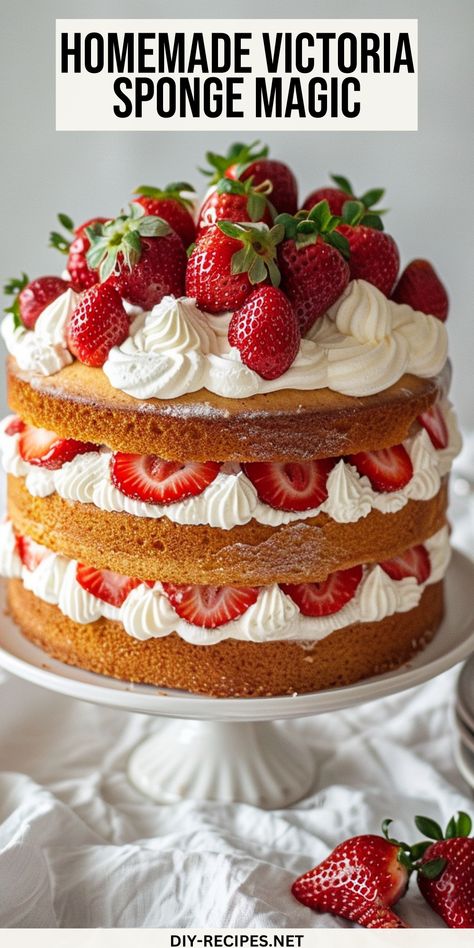 Achieve light and fluffy perfection with our Victoria Sponge Cake recipe, filled with fresh cream and sweet strawberry jam. Strawberry Victoria Sponge Cake, Layered Sponge Cake Recipe, Victoria Sponge Birthday Cake, Victoria Sponge Cake Decoration, Victorian Sponge Cake Recipe, Strawberry Sponge Cake Recipe, Victorian Sponge Cake, Victorian Sponge, Victoria Sponge Cake Recipe