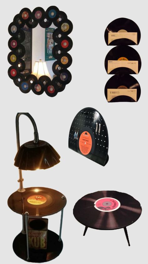 Recycled Vinyl Records Ideas, Shaped Vinyl Records, Vinyl Record Table Diy, Vinyl Record Projects Upcycle, Grunge Room Decor 90s Vintage, Vynil Record Crafts, Vinyl Record Lamp, Record Repurpose Ideas, Vynil Decor Ideas