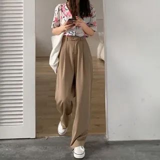 Buy Guromo High-Waist Wide-Leg Dress Pants at YesStyle.com! Quality products at remarkable prices. FREE Worldwide Shipping available! Korean Style Winter, Clothing Korean, Black And Khaki, Fashion School, Wide Leg Dress Pants, Style Japanese, Wide Leg Linen Pants, Fashion Group, Pantalon Large