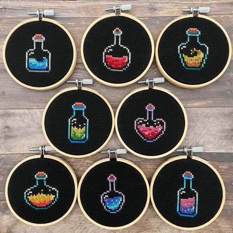 Magic Potion Cross Stitch Pattern Set Mini Cross Stitch - Etsy Canada Potion Cross Stitch Pattern, Artsy Cross Stitch, Embroidery Dragon Pattern, Cross Stitch Patterns Mini, Cross Stitch On Black Fabric, Black Aida Cross Stitch, Mini Halloween Cross Stitch, Cross Stiches Ideas Easy, Simple Cross Stitch Patterns Free