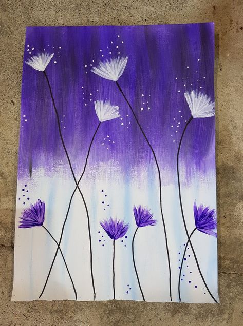 One Colour Painting Art, Purple Easy Paintings, Purple Paintings Easy, Simple Purple Painting, Purple Drawing Easy, Sponge Painting Canvas, Pink Sky Drawing, Purple Canvas Painting Easy, Easy Purple Painting Ideas