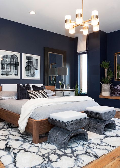 Navy Bedrooms, Blue Bedroom Walls, Dark Blue Bedrooms, Navy Blue Bedrooms, Blue Bedroom Design, Blue Bedroom Decor, Gold Bedroom, Eclectic Bedroom, Blue Rooms