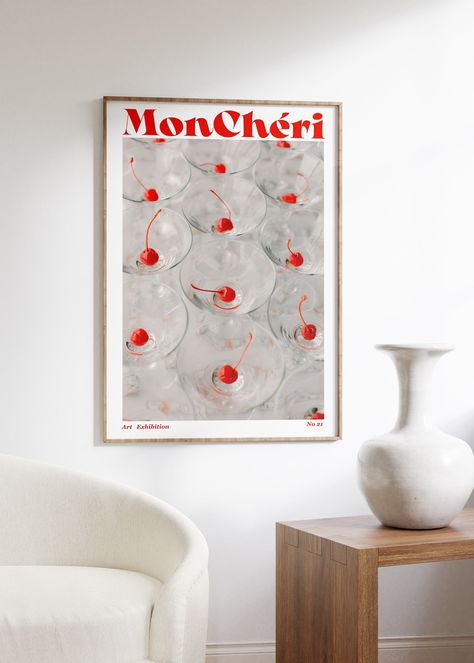 Cherry Poster, Retro Wall Art, 70s Psychedelic Print, Funky Wall Decor, Cherry Wall Art, Aesthetic Print, Trendy Wall Art, Vintage Decor by artevinadesign on Etsy Trendy Bathroom Wall Decor, Red Apartment Decor, Sage Bathroom, Cherry Bathroom, Y2k Apartment, Funky Wall Decor, Cherry Wall Art, Cherry Poster, Art Above Couch