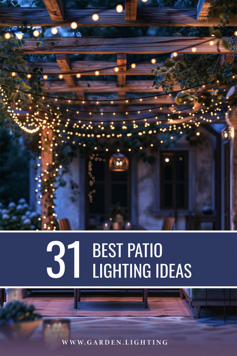 A stunning patio area with numerous string lights providing a warm glow, exemplifying the best patio lighting ideas. Patio Lighting Ideas, Hanging Mason Jar Lights, In-ground Lights, Easy Patio, Underwater Led Lights, Solar Powered Lamp, Pergola Lighting, Patio Wall, Patio Flooring