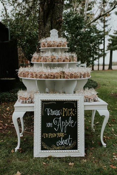 Deserts For Fall Wedding, Caramel Apples Wedding, Outdoor Wedding In October, Carmel Apple Bar Wedding Dessert Tables, October Wedding Seating Chart, Wedding Caramel Apples, Pumpkin Seating Chart Wedding, Fall Seating Chart Wedding Ideas, Seating Chart Wedding Ideas Fall