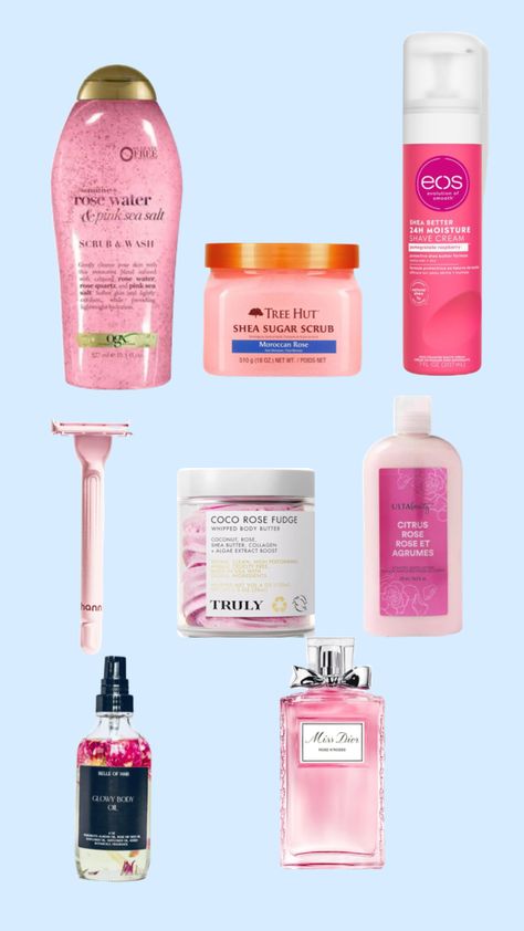 Rose shower routine Rose Shower Products, How To Smell Like Rose Water, Rose Body Products, Rose Scented Shower Routine, Rose Shower Routine, Hygiene Routine, Sweet Smell, Body Care Routine, Rose Scented Products