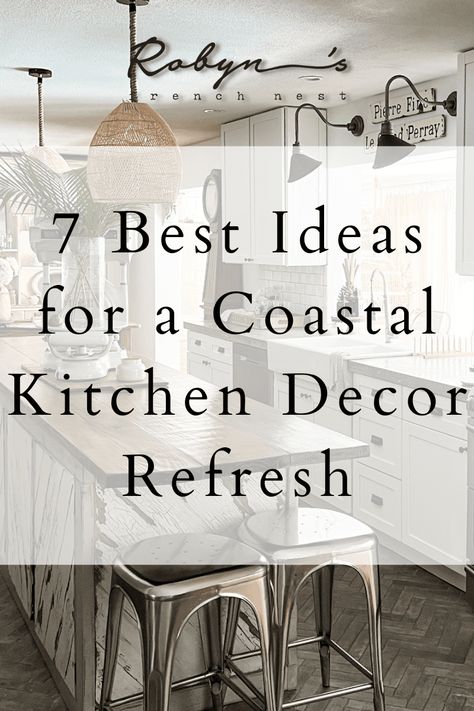 Coastal Decor Above Kitchen Cabinets, Coastal Kitchen Counter Decor Ideas, Coastal Kitchen Wall Decor, Coastal Bar Design, Beach House Kitchen Ideas Coastal, Costal Kitchen Aesthetic, Beach House Kitchen Ideas, Modern Beach House Kitchen, Beach Decor Kitchen