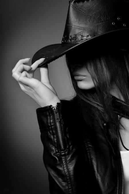 cowgirl chic Black Hat, Cowboy Hat, A Black, Long Hair, A Woman, Cowboy, Leather Jacket, Black And White, Photography