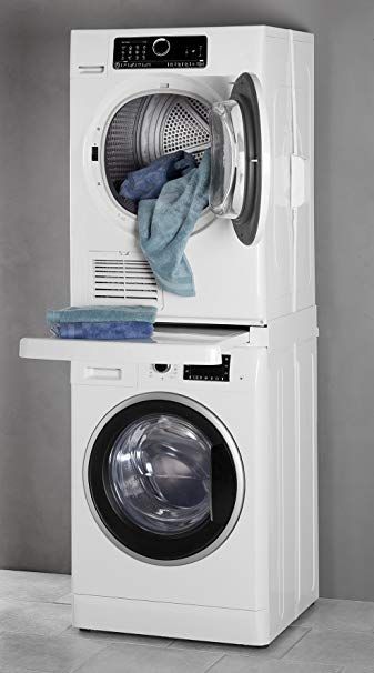 Washer Dryer Shelf, Small Washer And Dryer, Bosch Washing Machine, Small Washing Machine, Utility Room Designs, Stacked Laundry Room, Machine Storage, Laundry Room Layouts, Laundry Solutions