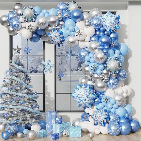 Christmas Snowflake Balloon Garland Arch Metallic Blue White and Silver Latex Balloons for Frozen Frozen Balloon Ring, Winter Wonderland Theme Party Zazzle, Winter Wonderland Door Garland, Blue Christmas Balloons, Baby It’s Cold Outside Balloon Garland, Frozen Theme Tree, Winter Wonder Land Candy Table, Balloon Arch With Christmas Lights, Silver And Baby Blue Christmas Tree