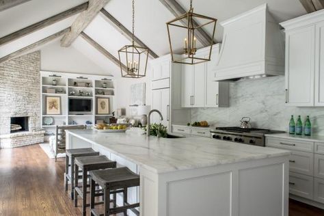 Stunning All-White Kitchen | HGTV >> http://www.hgtv.com/design-blog/design/meet-hgtv-faces-of-design-people-s-pick-winners?soc=pinterest Vaulted Ceiling Beams, White Contemporary Kitchen, Contemporary Kitchen Remodel, White Kitchen Traditional, Vaulted Ceiling Kitchen, Beautiful White Kitchens, Vaulted Ceiling Living Room, Neutral Kitchen, White Cabinetry