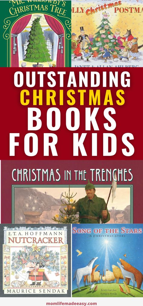 collage of children's christmas book titles and text that reads "outstanding christmas books for kids" Best Christmas Story Books For Kids, Classic Christmas Books For Kids, Best Christmas Picture Books, Best Christmas Books For Kids, Christmas Book Activities, Classic Christmas Books, Kids Christmas Books, Toddler Christmas Books, Christmas Tree Classic