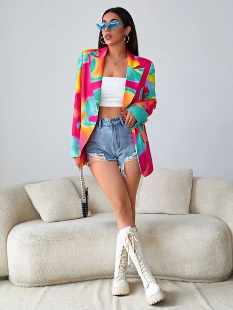 Colorful Blazers For Women, Elegant Multicolor Party Blazer, Trendy Fitted Multicolor Blazer, Chic Multicolor Party Blazer, Multicolor Cotton Color Block Outerwear, Spring Multicolor Patchwork Blazer, Shein Blazer, Multi Colored Outfit, Women Blazers