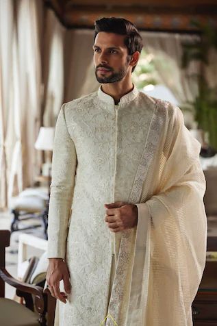 Chanderi Embroidered Sherwani with Stole Marriage Dress For Men, Sawan Gandhi, Ivory Sherwani, Groom Trends, Marriage Clothes, White Sherwani, Nikkah Outfit, Sherwani For Men Wedding, Embroidered Sherwani