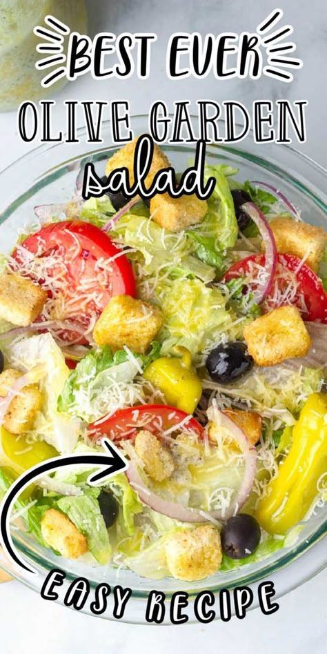 Enjoy the taste of Olive Garden with this simple copycat salad recipe. It’s the perfect combination of fresh veggies, tangy dressing, and crunchy croutons, just like the restaurant's version. Serve it as a house salad for family meals or upscale it for parties with added proteins like chicken or shrimp. Salad Pepperoncini, Olive Garden Salad Recipe, Garden Salad Recipe, Garden Salads, Olive Garden Salad, Simple Salads, Pepperoncini Peppers, Resep Salad, Gf Food