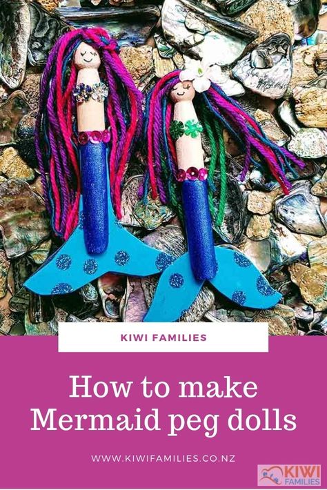 How to make a mermaid peg doll  My daughter has been interested in mermaids lately, so for these school holidays we decided to make a mermaid peg doll. They are super-simple to make and kids of all ages will have fun with them.Pegs are such a diverse craft material to use. They’re fantastic for creating all kinds of characters. Clothespin Mermaid Dolls, Peg Doll Crafts, Little Mermaid Crafts, Spool Dolls, Mermaid Craft, Story Sacks, Sea Ideas, Dolly Pegs, Super Tips