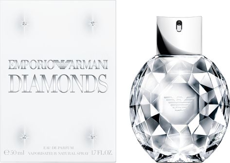 The Emporio Armani Diamonds Eau de Parfum is a fragrance that reflects the sparkle, strength, brilliance and sexiness of the Emporio Armani woman.. The surprising gourmand blend is a fragrance to remember, enlivening the skin with zesty notes and delicate touches. In the heart, voluptuousness reigns, and the woman becomes a star... The precious scent encased in a sculpted, sparkling block of glimmering glass. Engraved at its center, the unmistakable Emporio Armani eagle.. A diamond in your palm, accessible, immediate, truly a girl's best friend.. Top Notes: Litchi, Raspberry. Heart Notes: Freesia, Lily-of-the-Valley. Base Notes: Vetiver, Cedar Wood, Patchouli, Vanilla Perfume Armani, Giorgio Armani Perfume, Armani Perfume, The Perfume Shop, Perfumes For Women, Emporio Armani Women, Fragrance Design, Womens Fragrances, Floral Scent