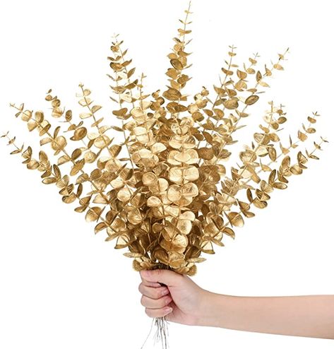 Gold Flower Arrangements, Fake Leaf Decor, Cocktail Stand, Greece Theme, Gold Eucalyptus, Wedding Party Bouquets, Farmhouse Vase, Eucalyptus Stems, Faux Eucalyptus