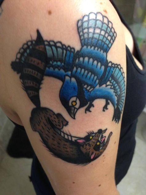 Regular Show tattoo by Tyler Ferguson! The Regular Show Tattoo, Regular Show Tattoo Ideas, Mordecai And Rigby Tattoo, Regular Show Tattoo, Doodle Tattoos, Show Tattoo, Pictures Of Tattoos, Tattoo Cartoon, Random Tattoos