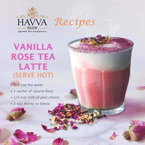 Vanilla Rose Tea Latte Tea Shop Ideas Business, Rose Latte Recipe, Simple Drinks, Rose Milk Tea, Rose Food, Rose Drink, Tea Business, Rose Latte, Tea Recipes Diy