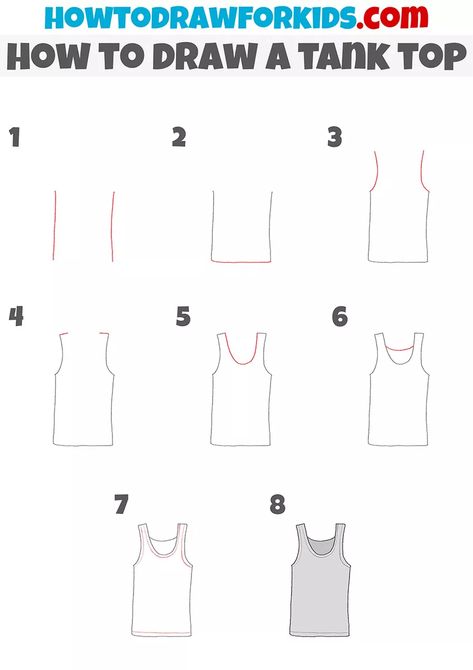 How To Draw A Tank Top, Tank Top Drawing Reference, Tank Top Drawing, Draw Clothes, Draw Fashion, Easy Drawing Tutorial, Fashion Drawing Tutorial, Drawing Tutorials For Kids, Clothing Design Sketches