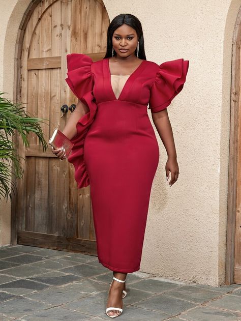 Red Party Collar Short Sleeve Woven Fabric Plain Bodycon Embellished Medium Stretch Women Plus Clothing Red Duchess Satin Dress, Empress Clothing, Robe Fuchsia, Lace Caftan, Simple Dress Casual, Bow Tie Dress, Deep V Neck Dress, Fuchsia Dress, Plus Size Bodycon Dresses