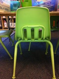 spray painted chairs....I want to paint my the colors of the rainbow so children can learn colors and add some more color to the classroom.  Mine are all blue right now Plastic School Chair Makeover, Teacher Stools Painted Diy, Painted Classroom Chair, Teacher Rocking Chair Painted Diy, Painted Childs Chair Ideas, Spray Paint Chairs, Kids Plastic Chairs, Small Chair For Bedroom, Student Chair