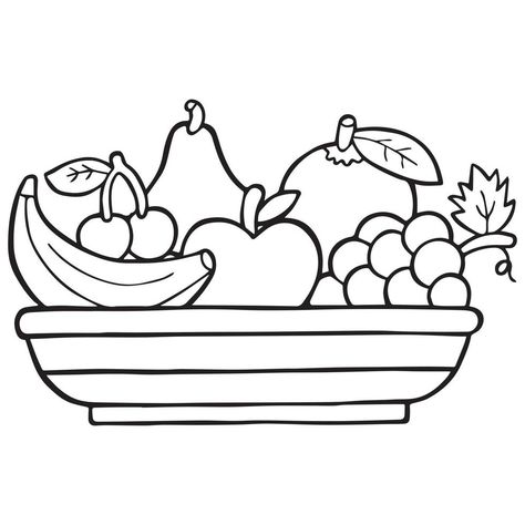 Fruit Bowl Drawing, Fruit Basket Drawing, Fruit Coloring, Vegetable Coloring Pages, Seni Pastel, Basket Drawing, Fruit Coloring Pages, Fruits Drawing, Fruits For Kids